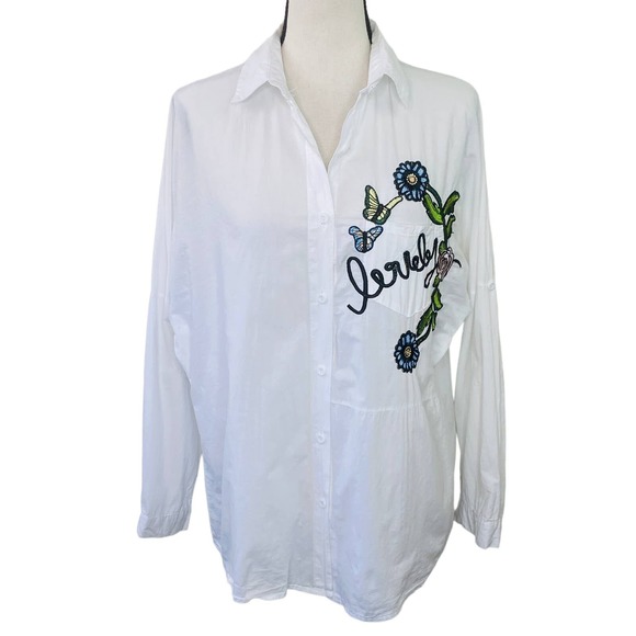Embroidered Button Down Boxy Top Womens L White Floral Lovely Boho Art to Wear - Picture 2 of 9
